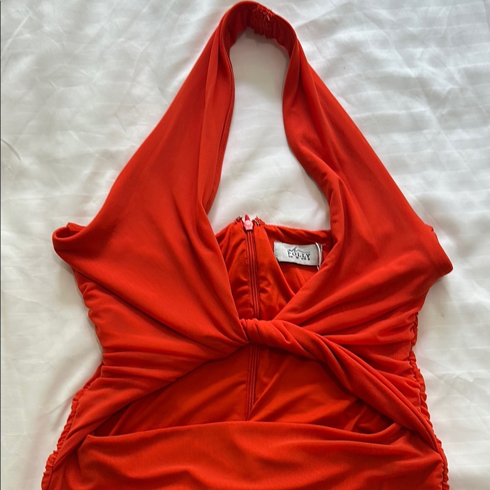 Oh Polly Red Ruched Halter Bodycon Dress